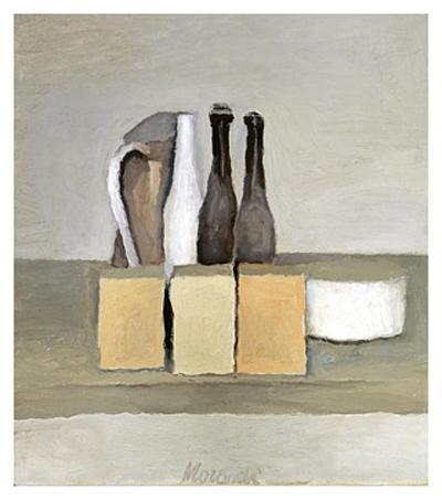 Painting of bottles, pitchers and blocks on a counter.