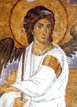 Fresco of an angel, draped in white on an orange radiant backkground