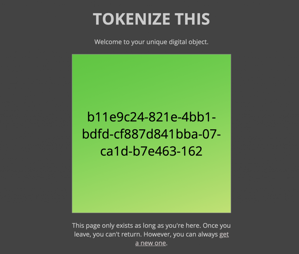 Screenshot of a unique token from Tokenize This