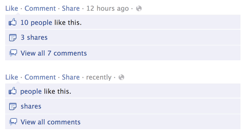 Facebook Demetricator Demetricating Likes, Shares, Comments, and Timestamps Original (top), Demetricated (bottom)