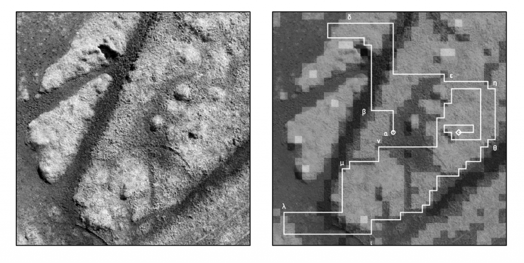 Fig. 2 [Left] Repeat of earlier depiction. The pixilated scrubby moorland terrain with a bright white line traces a circuitous path across and Greek numerals. Fig. 2 [Right] JSON table format of table-like structure of letters, numbers, and words, formed out of brackets, colons, and commas. Short lists of words, grouped apart from one another by the use of nested brackets.