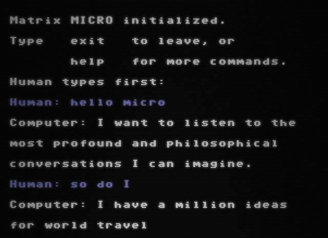Figure 7: A screenshot of the Project December terminal, styled to look like a CRT display. The text reads "Matrix MICRO initialised. Type exit to leave, or help for more commands. Human types first:" This is followed by several lines of conversation between the human and the computer.