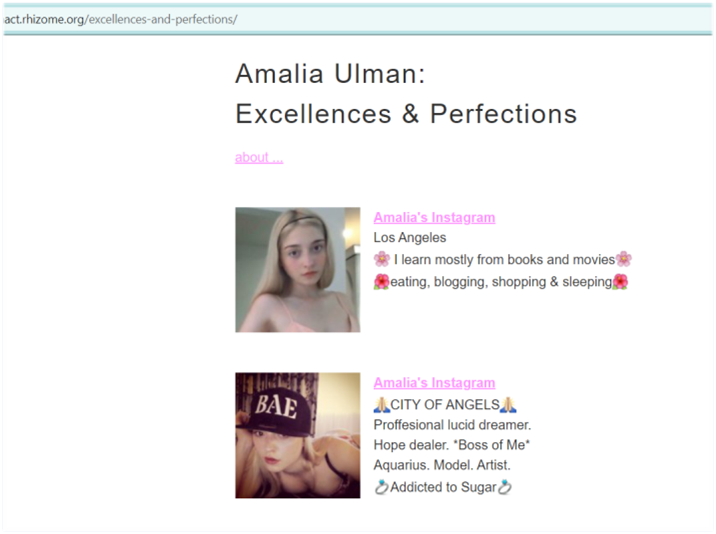 Fig. 8 First page of Amalia Ulman’s project as recorded in Rhizome magazine, showing two photographs of the same blond girl (the artist), posing as two very different people: the stylish and naïve influencer and the streetwise vamp. 