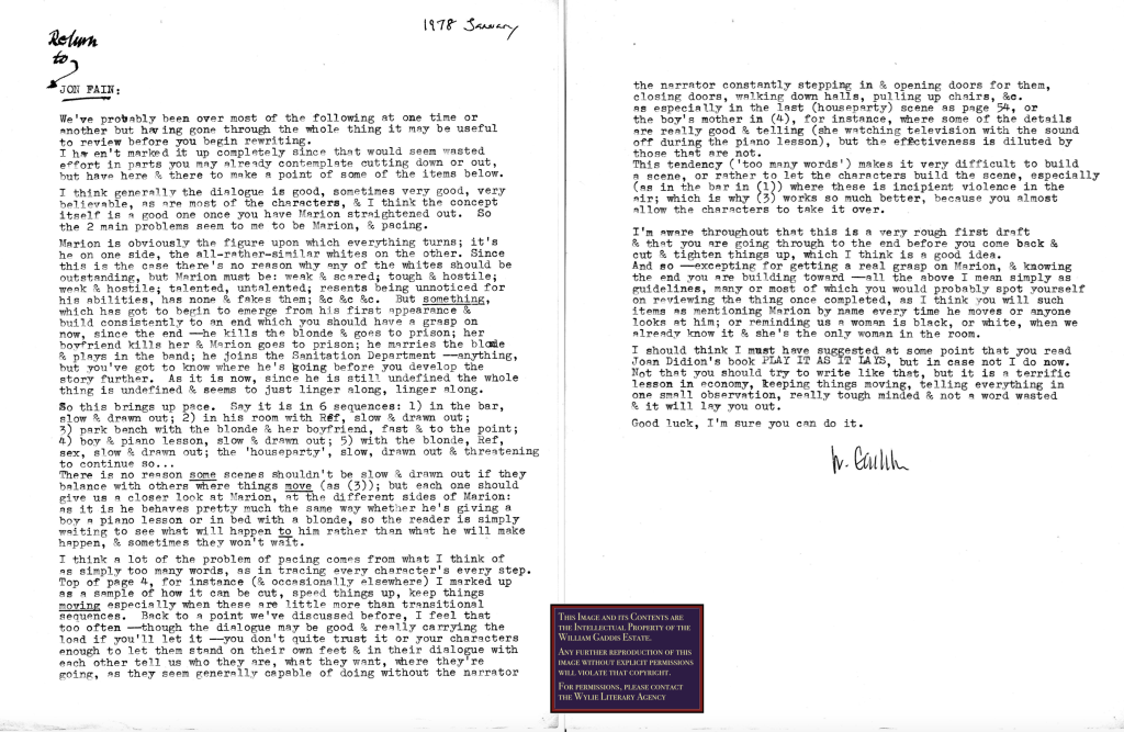 A typed letter from William Gaddis to Jon Fain containing advice on Fain's writing