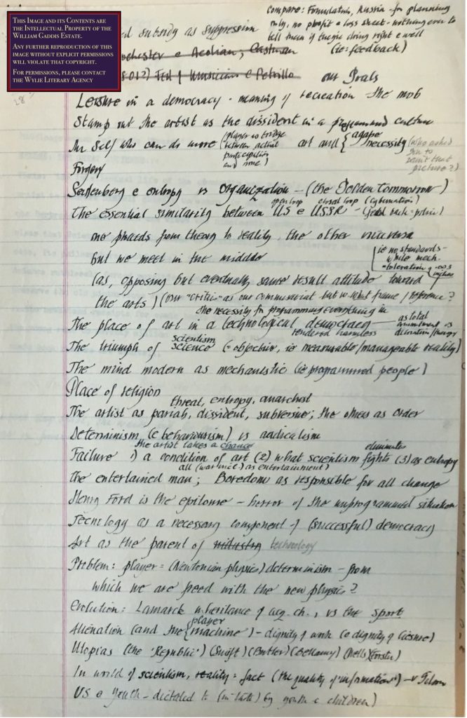 Handwritten page of themes.