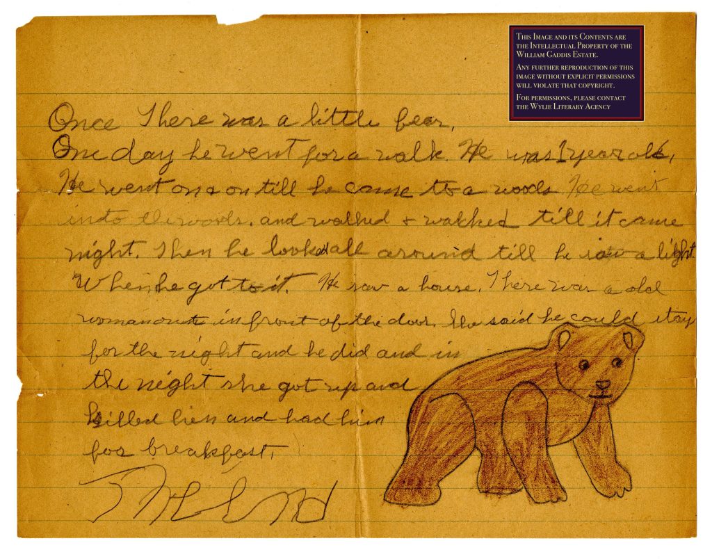 A story about a bear on yellowed paper with a crayon drawing of a bear.