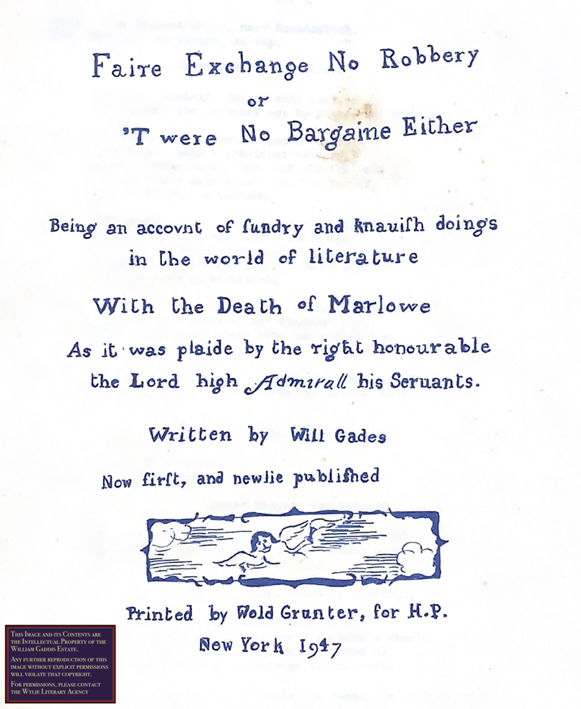 Handwritten title card in decorative serif font, light blue ink and a cherub adorning the bottom of the page.