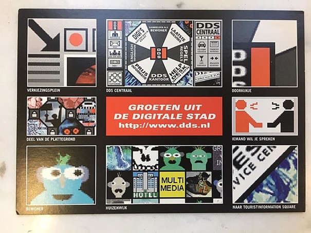 Postcard featuring abstract pixel art on a black background